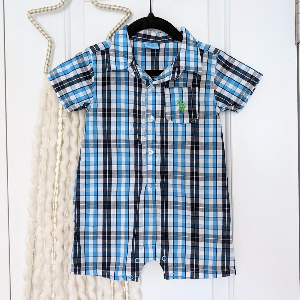 US Polo Assn Plaid Romper, 18m